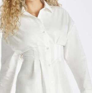 Shoe Dazzle White Button Down Cinch Waist Shirt Dress